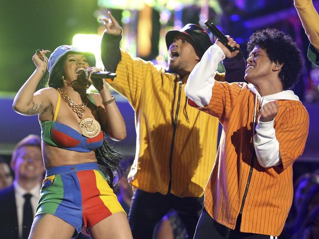 Bruno Mars and Cardi B perform “Finesse” at the 60th Annual GRAMMY Awards at Madison Square Garden on January 28, 2018 in New York City. Picture: AP