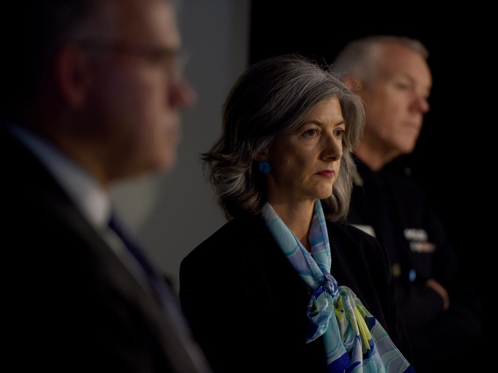 Health and Wellbeing Minister Stephen Wade, Chief Public Health Officer Professor Nicola Spurrier and Police Commissioner Grant Stevens watch on as Premier Steven Marshall speaks at a press conference at the State Admin Building in Adelaide. Picture: NCA NewsWire / Naomi Jellicoe