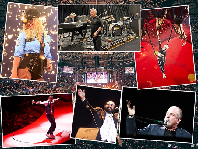 Across the years:Jimmy Barnes and Cold Chisel, top centre, will be the next big names to grace Qudos Bank Arena against a backdrop of big names who have appeared across the venue's 25 years, including Britney Spears, top left, P!NK, top right, Jiustibn Timberlake, bottom left, Pavarotti, bottom centre and Billy Joel, bottom right. Pictures: Supplied.