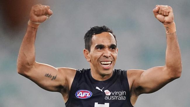 Eddie Betts of the Blues celebrates the win on the final siren during the Round 4 AFL match between the Essendon Bombers and the Carlton Blues at the MCG in Melbourne, Saturday, June 27, 2020. (AAP Image/Michael Dodge) NO ARCHIVING, EDITORIAL USE ONLY