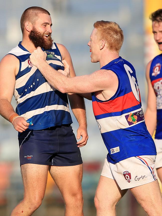 Bulldog Brian Durbidge shoves Port Douglas’ Oscar Dodge during the preliminary final. PICTURE: JUSTIN BRIERTY.