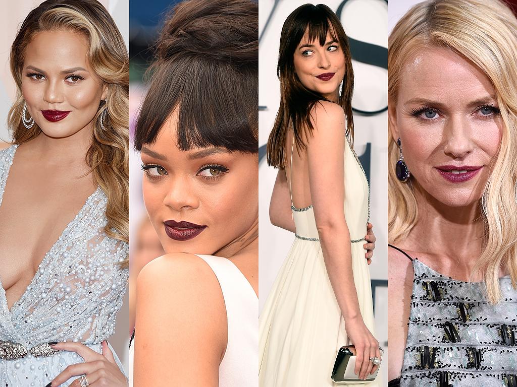 TRICKY TREND 2015: Dark berry lips ... Chrissy Teigen, Rihanna, Dakota Johnson and Naomi Watts. Picture: Getty