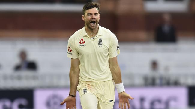 England's James Anderson celebrates taking the wicket of West Indies' Kieran Powell.