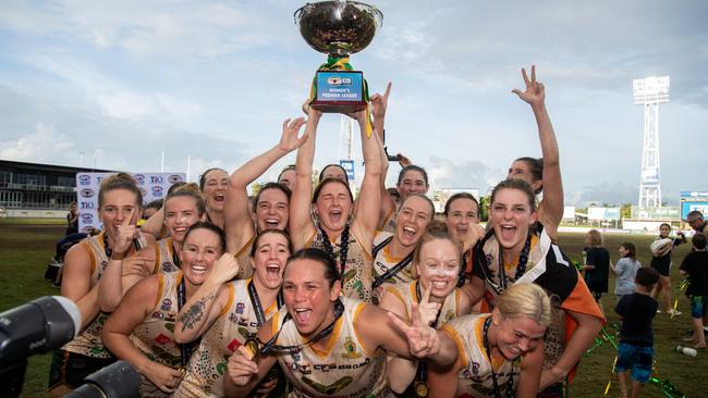 PINT celebrate their win in the 2023-24 NTFL Women's Grand Final between against St Mary's. Picture: Pema Tamang Pakhrin