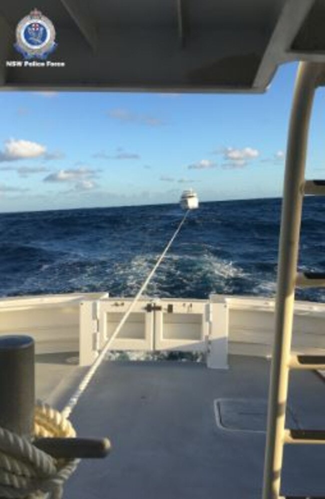 The superyacht being towed by NSW Marine Area Command. Photo: Supplied