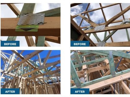 Examples of roof trusses installed backwards, meaning the trusses were supported away from the design location.