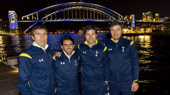 Tottenham Hotspur Coaching Staff. Mauricio Pochettino, manager (2nd in from right). Spurs arrived in Sydney on Thursday and the players climbed the Sydney Harbour Bridge as part of the Vivid festival. Photographer: Mark Watson