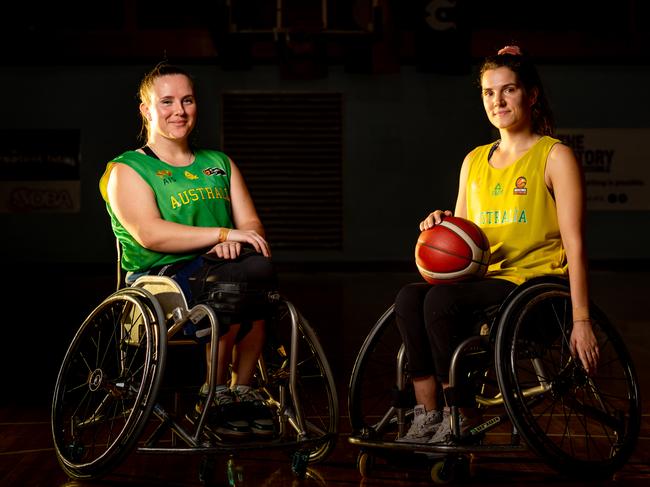 Hannah Dobb and Ella Sabljak are part of the women’s Australian Wheelchair Basketball team, which is in Darwin for training ahead of the Tokyo Paralympics. Picture: Che Chorley