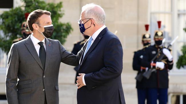 Scott Morrison with Emmanuel Macron after their meeting in Paris. Picture: Adam Taylor/PMO