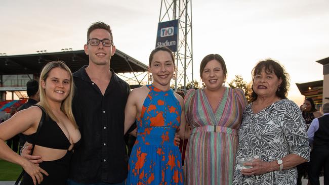 Sheena Fitzsimmons, Cale Bonson, Cimarra Stephensen, Emily Athanasiou and Dorrie Oates at the 2023 AFLNT Hall of Fame. Picture: Pema Tamang Pakhrin