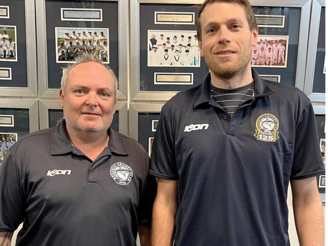 Nick Conduit from Rosebud Cricket Club (left) welcomes Jarrod Hicks to Shark Park.