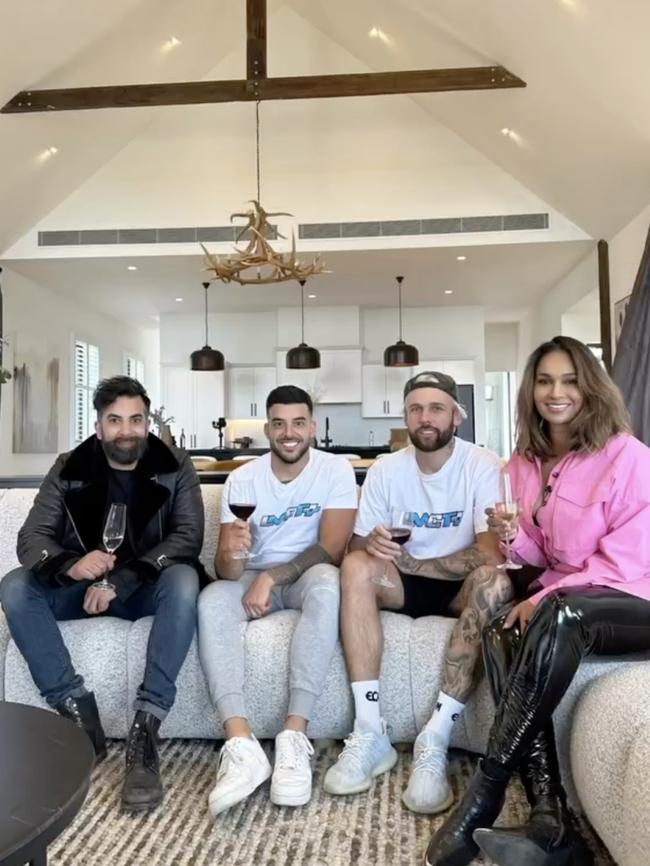 Adrian Portelli with his business partner Troy ‘Candy’ Williams and The Block 2022 contestants, Ankur Dogra and Sharon Johal. Picture: Instagram / @adrian_portelli