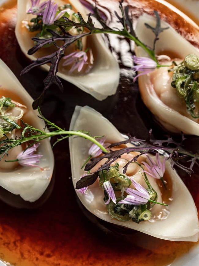 Stillwater’s steamed prawn dumplings, black bean and vinegar sauce, wood ear mushroom and soft herbs. Picture: NESS VANDERBURGH