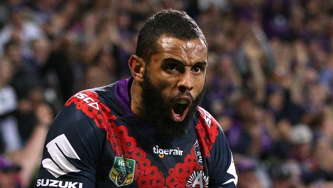 Josh Addo-Carr of the Storm scores a try during the Round 8 NRL match between the Melbourne Storm and the New Zealand Warriors at AAMI Park in Melbourne, Wednesday, April 25, 2018. (AAP Image/Hamish Blair) NO ARCHIVING, EDITORIAL USE ONLY