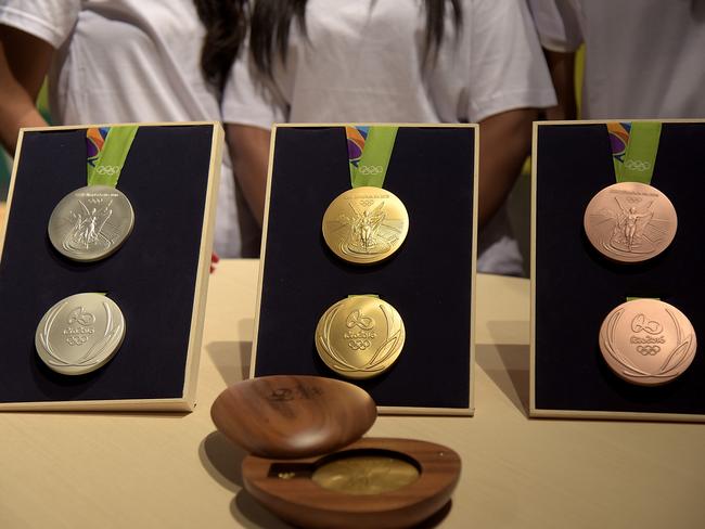 A close-up of the Olympic medals