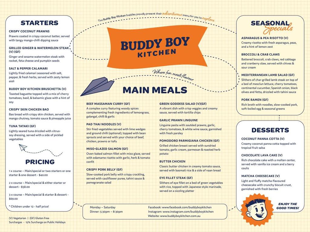 Buddy Boy Kitchen's menu is priced by how many courses customers choose to order.