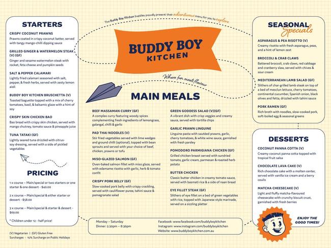 Buddy Boy Kitchen's menu is priced by how many courses customers choose to order.