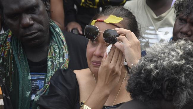 Jaunnita Costa was comforted by hundreds of supporting community members at her father’s state funeral on Wednesday. Picture: Sierra Haigh