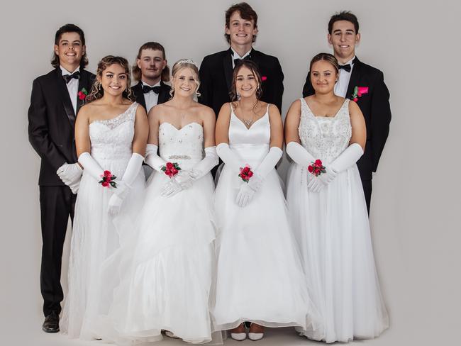 Moranbah Debutante Ball 2022 (back, from left) Slater Fudge, Ethan Fanias, Taylor Edie, Douglas Otago and (front, from left) Amerie Ahmat, Casina King, Jemma Church, Maggie Goldman. Picture: Contributed