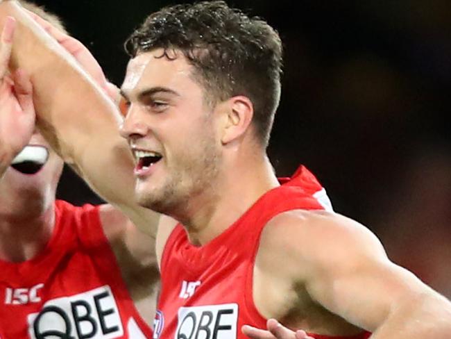 BRISBANE, AUSTRALIA - MAY 04:  Tom Papley of the Swans celebrates a goal during the round seven AFL match between the Brisbane Lions and the Sydney Swans at The Gabba on May 04, 2019 in Brisbane, Australia. (Photo by Chris Hyde/Getty Images)