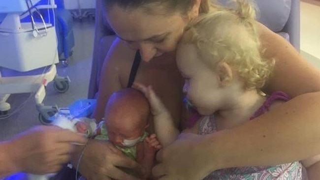 Beaconsfield mum Samantha with her babies Matilda, 16 months, and newborn Lucas Baker who arrived six weeks early and was then diagnosed with viral meningitis. Picture: Contributed