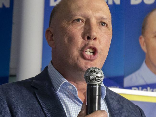 Federal Member for Dickson Peter Dutton thanks supporters in Strathpine after his victory against Ali France in the Federal Election on Election Night in Brisbane, Saturday, 18 May, 2019. Approximately 16.5 million Australians will vote in what is tipped to be a tight election contest between Australian Prime Minister Scott Morrison and Australian Opposition leader Bill Shorten. (AAP Image/Glenn Hunt) NO ARCHIVING