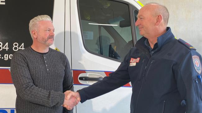 MICA paramedic Mark Eddey and his former patient Jonathon Evans reunited 9 months after Mr Evans was rescued from a horrific car crash on the side of Mt Hotham last year.