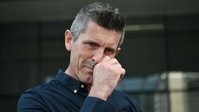 An emotional Lee Lovell outside Brisbane Supreme Court on Thursday. Picture: Lyndon Mechielsen