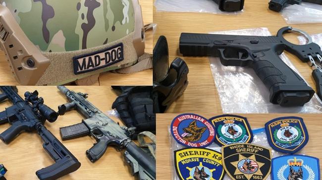 Items seized by police investigating Dominic Fox included K9 unit gear, fake weapons, police and army gear.