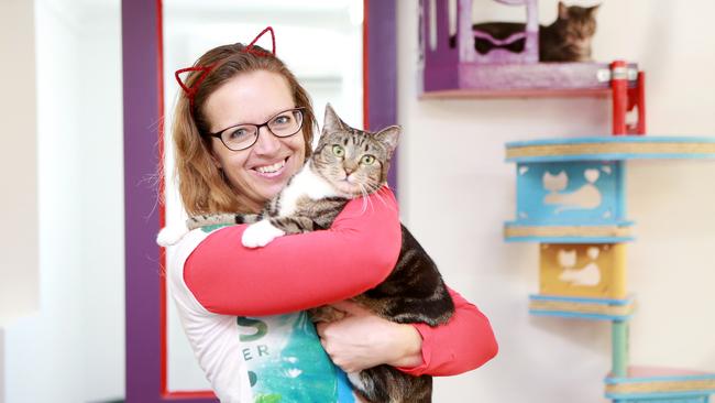 Nicole from the Cat Cuddle Cafe in Lutwyche holds Cherry, who is available for adoption. Picture: AAP/Sarah Marshall