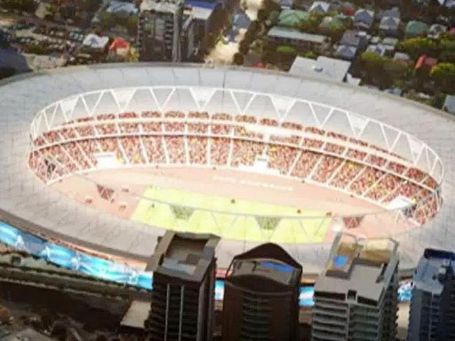 Screen grabs from a digital depiction of how the Gabba will be transformed for the 2032 Olympics in Brisbane.