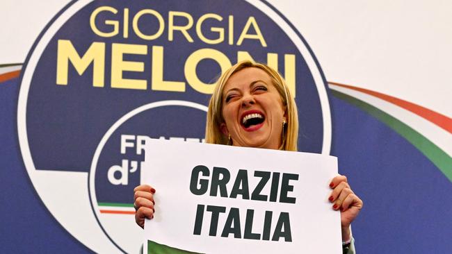 Giorgia Meloni celebrates her victory in the Italian election. Picture: AFP