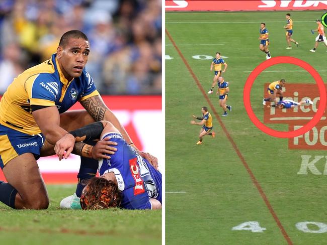 Joe Ofahengaue helps Josh Curran. Photo: Fox League and Brendon Thorne/Getty Images.