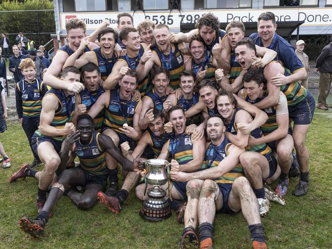 VAFA Premier Men's Grand Final - St Kevin's Old Brighton played at Trevor Barker Oval. St Kevins OB players celebrate their victory.  Picture: Valeriu Campan