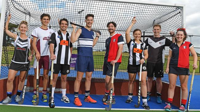 Hockey SA Premier League players ready for the 2021 season. (L-R) Desiree Likos (Adelaide University), Paxton Silby (Grange), Scott Germein (Port Adelaide), Scott Crowhurst (Forestville), Sam Davies (Burnside), Melissa Garner (Port Adelaide), Max Bail (Adelaide University) and Jemima Davies (Burnside). Picture: Tom Huntley