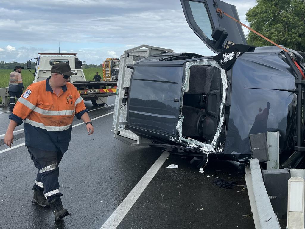 The Bruce Highway has been shut after a single vehicle crash injured and trapped one man. Photo: Luke Lay