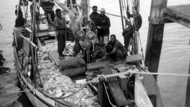 The Anniki pearling lugger laden with pearl shell docks at Thursday Island. The lugger was built in 1958 by Harold Collis in Smith's Creek, Cairns. Picture: Zafer family image collection