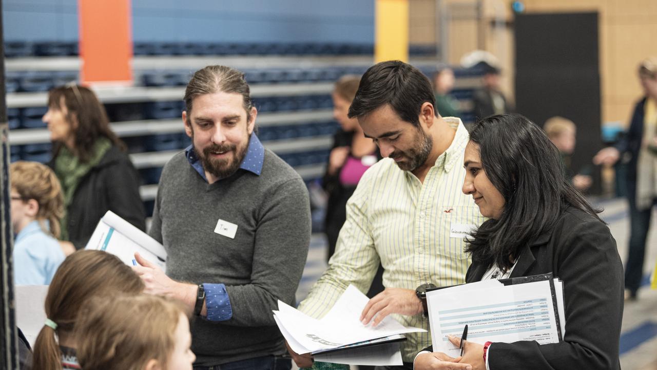 Kids in Space Queensland judges (from left) Dr Timothy Holt, Giovanni Carrillo and Vedika Latchman-Singh at the finals and showcase at Edmund Rice Cultural Centre St Mary's College, Friday, June 7, 2024. Picture: Kevin Farmer