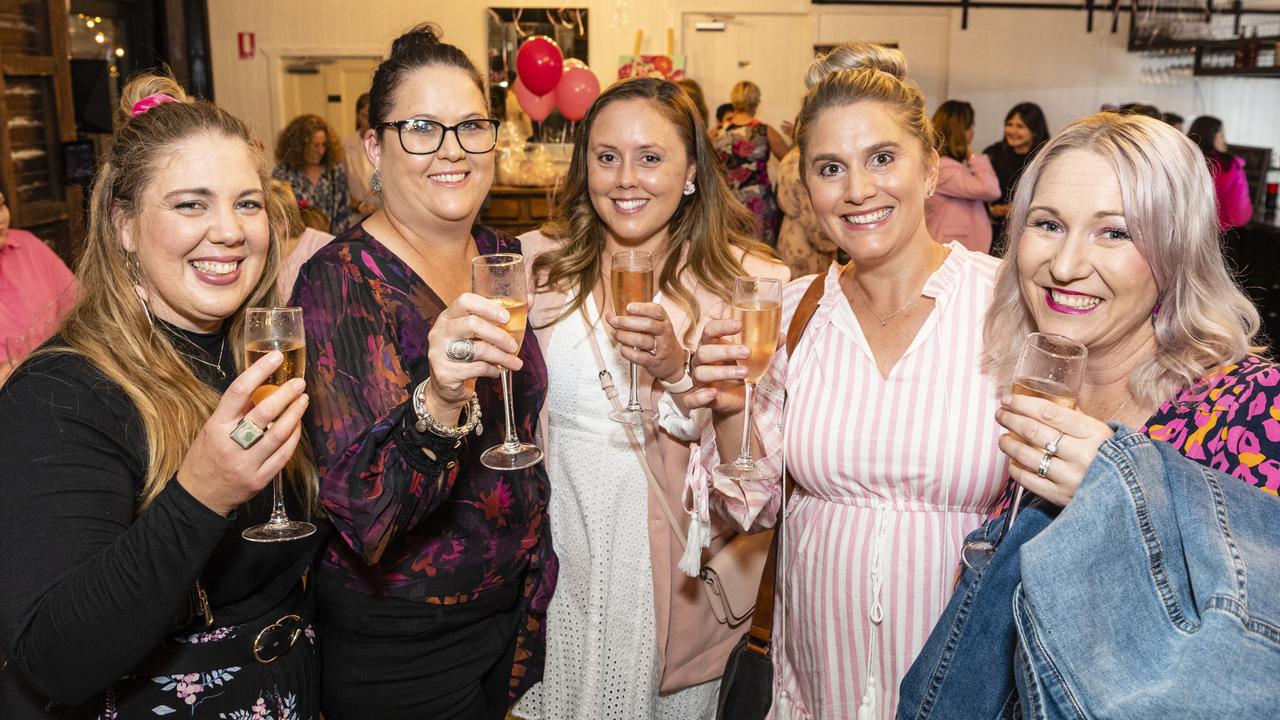 Getting together are (from left) Hayley Kelland, Benita Russell, Tamara Walker, Johanna Carter and Christine Drew at the ladies cocktail night fundraiser for Protea Place at the Royal Hotel, Friday, April 29, 2022. Picture: Kevin Farmer