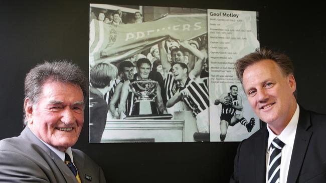 Port Adelaide footballer Geof Motley unveils the Geof Motley Race at Adelaide Oval – being congratulated by CEO Keith Thomas. Picture: Sarah Reed.