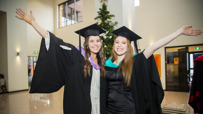 Emily Charlton and Meg Crombie. University of Tasmania Graduations. Federation Concert Hall, Hobart. Picture: RICHARD JUPE