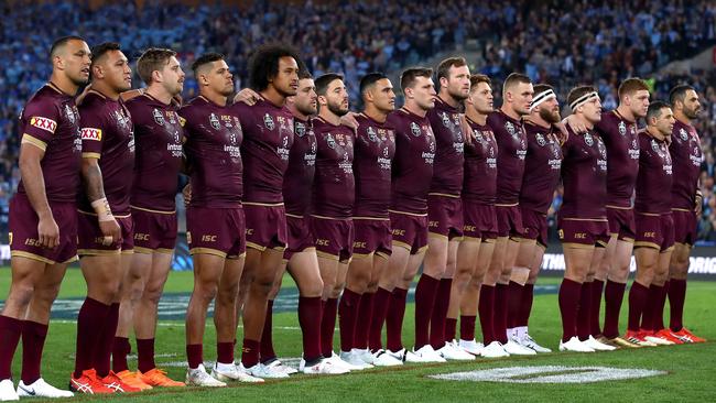 Will Chambers, far left, he won’t sing the national anthem in Origin I. Picture: Getty Images