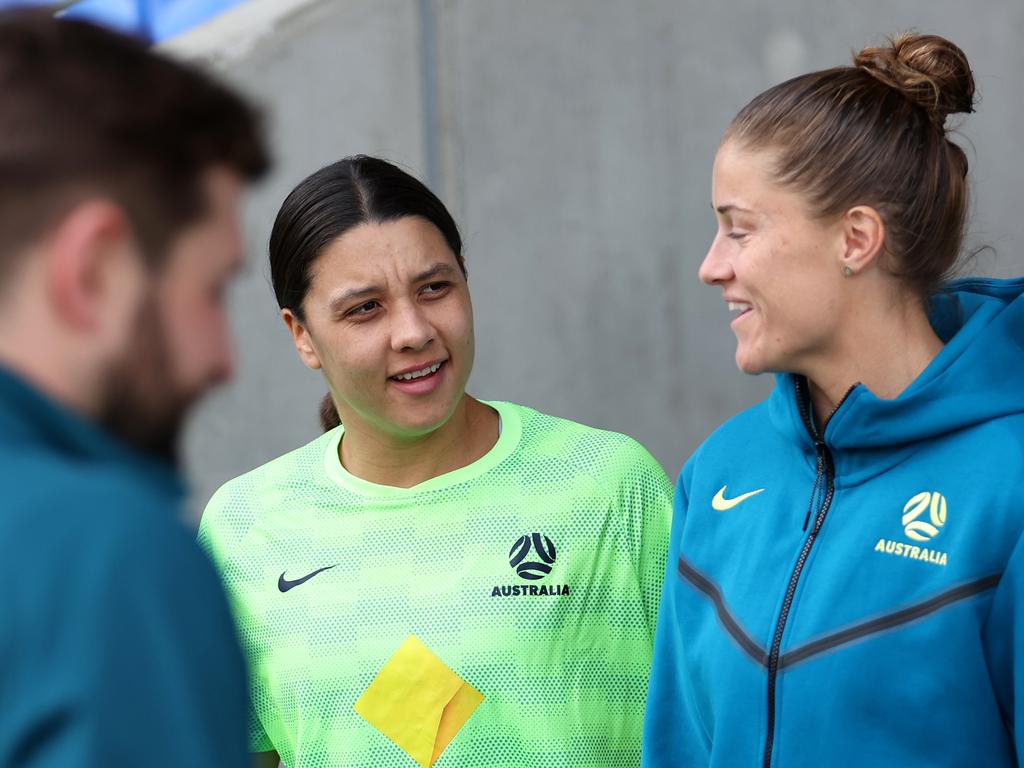 Sam Kerr (centre) watches from Australia’s bench. Picture: Julian Finney/Getty Images