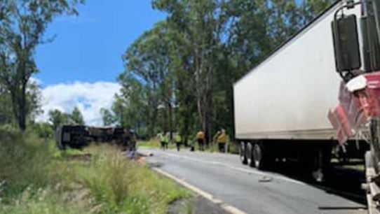 A Rural Fire Service truck which flipped on its side was involved in a crash with a semi-trailer on the Gwydir Highway west of Grafton on Friday, 19th March, 2021. Photo TNT Towing