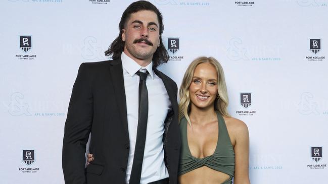 Lachie Jones with Claudia Neale at the Port Adelaide Football Club’s Best and Fairest at the Adelaide Convention Centre. Picture: Matt Loxton