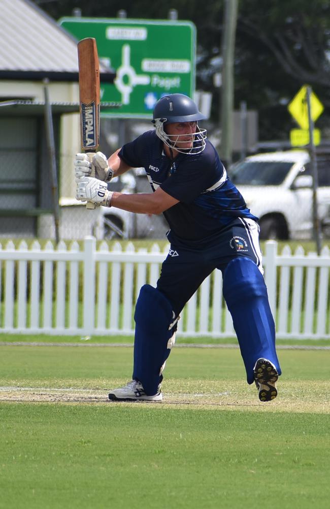 Ian Kelly knocked 73 from 74 in the DBCT Cup Mackay Cricket 2nd Grade Brothers v Magpies in the semi-finals on Saturday, March 19, 2022. Picture: Tara Miko