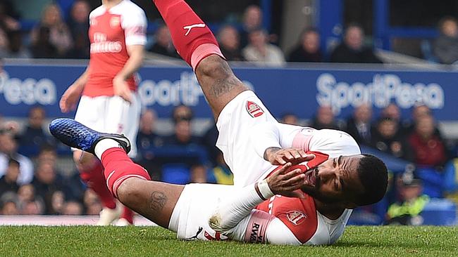 Arsenal's French striker Alexandre Lacazette reacts after failing to score against Everton at Goodison Park. Picture: AFP