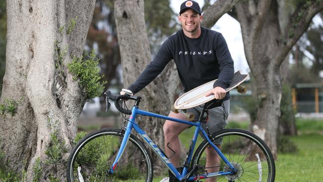 Sturt captain Zane Kirkwood is riding a bike and skateboarding from Perth to Adelaide in October to raise money and awareness for mental health research. Picture: Tait Schmaal