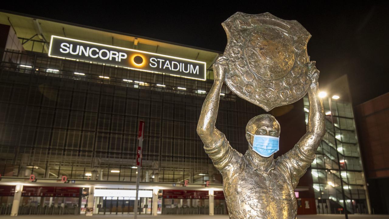 The Wally Lewis statue is seen wearing Covid-19 mask in Brisbane, Australia. during the Round 3 NRL match between the Brisbane Broncos and the Parramatta Eels at Suncorp Stadium in Brisbane, Thursday, May 28, 2020. (AAP Image/Glenn Hunt) NO ARCHIVING, EDITORIAL USE ONLY