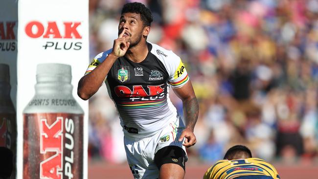 Penrith's Waqa Blake celebrates after scoring a try during the Penrith v Parramatta rugby league match at Panthers Stadium, Penrith. Picture: Brett Costello